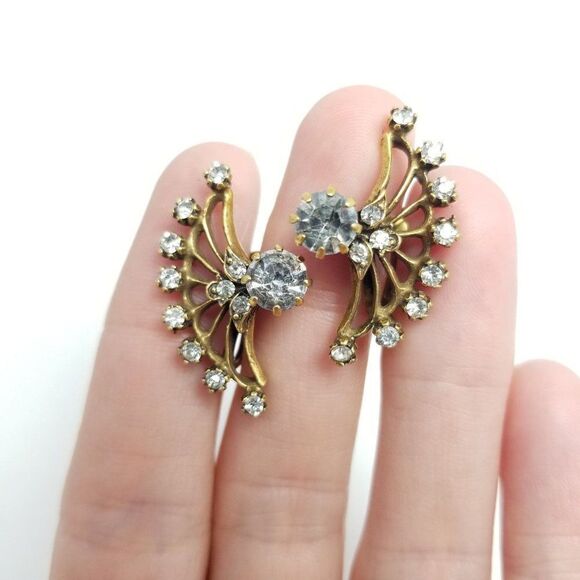 Vintage Rhinestone Wing Fan Shaped Clip On Earrings, Screw Backs Gold Tone Retro - Picture 5 of 6